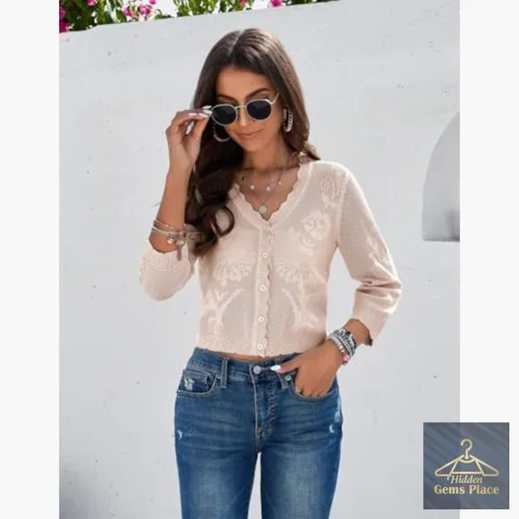 Cropped Cardigan Sweater Lightweight 3/4 Sleeve Button Down Crochet Textured - Picture 2 of 7